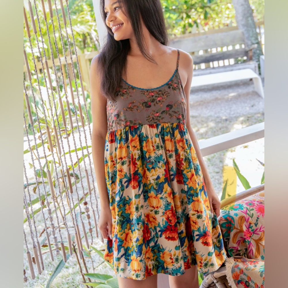 Natural Life, small, Gigi Mini Dress, Grey Orange Roses